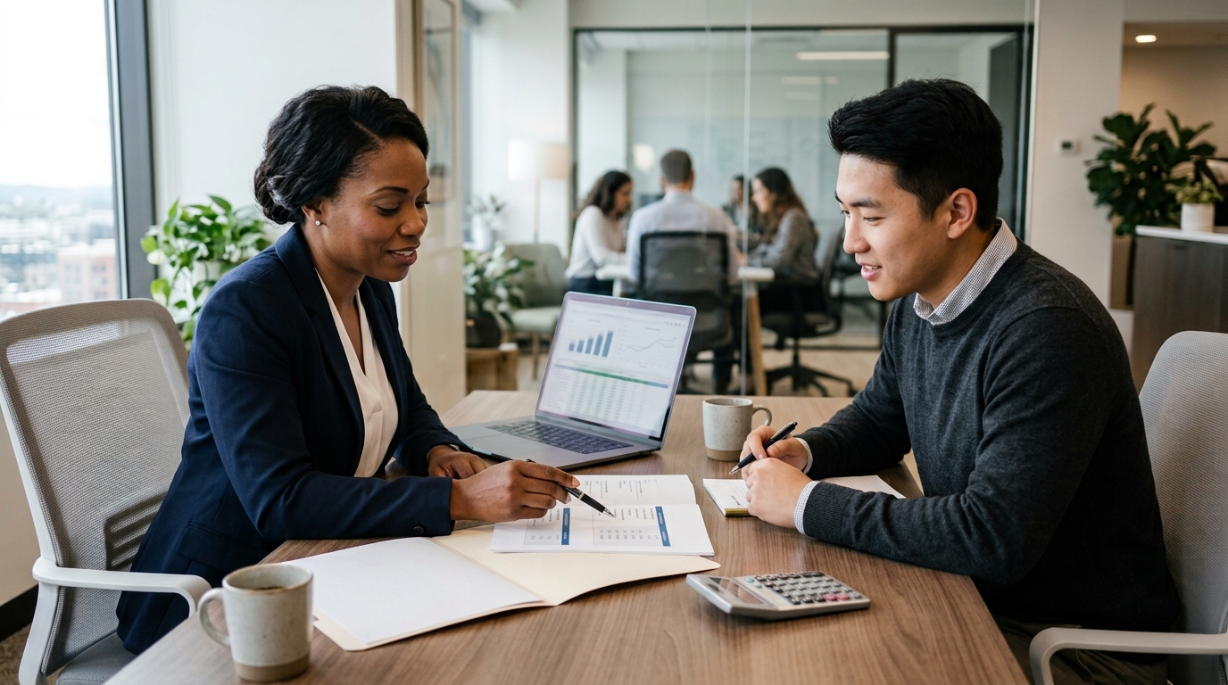 Job applicant reviewing a disclosed salary range with an employer