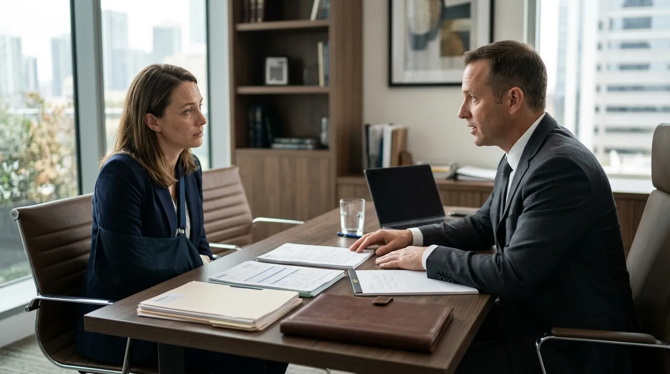Personal injury client discussing compensation with an attorney