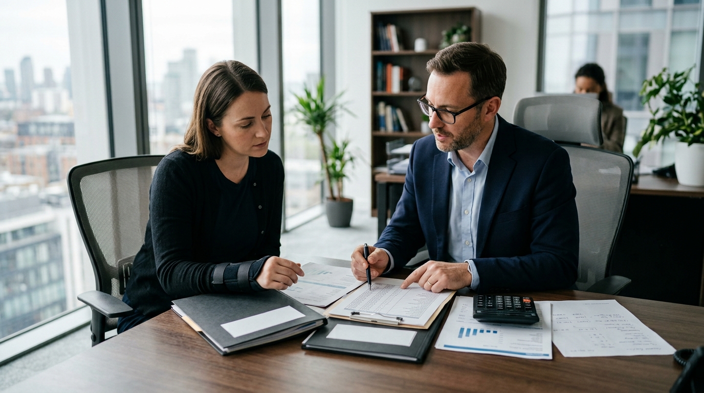 Personal injury settlement and tax documents being reviewed