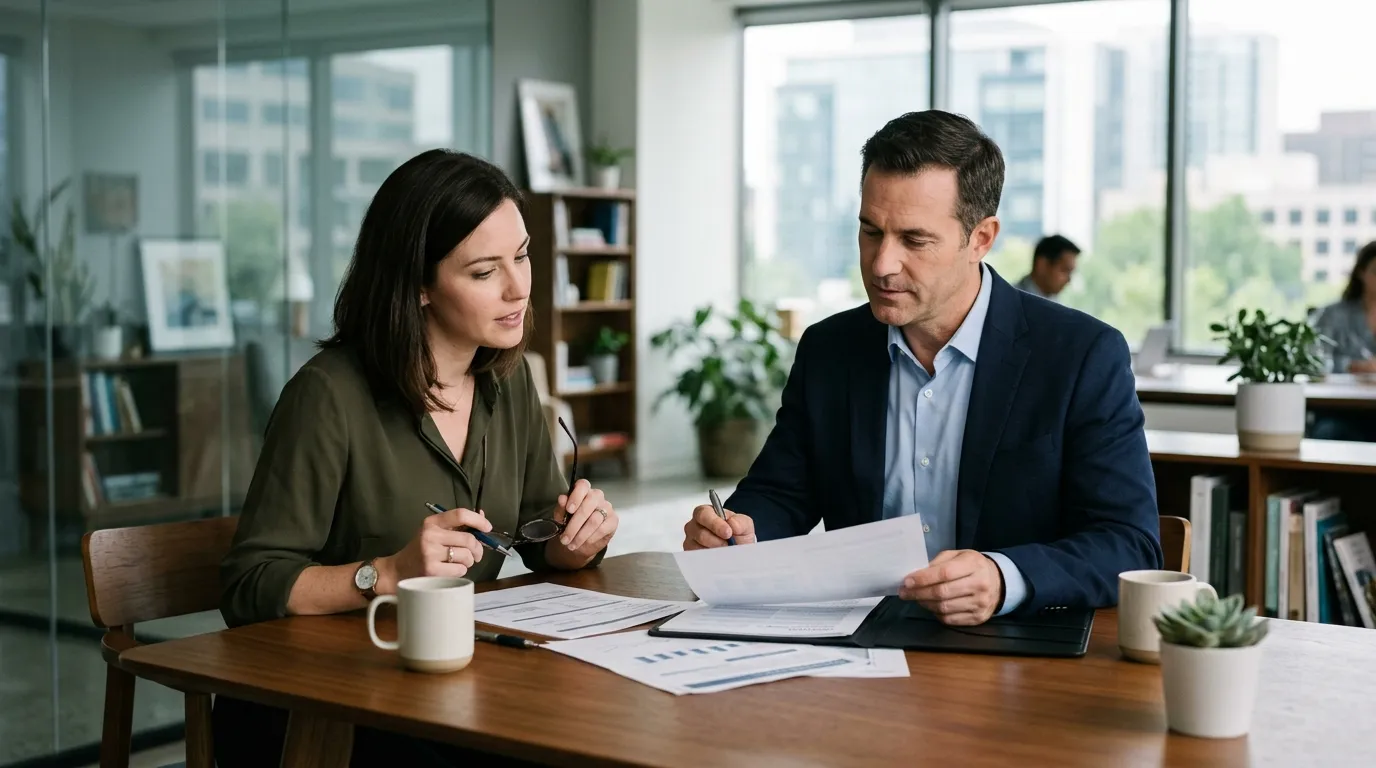 Professional reviewing compensation documents with a client