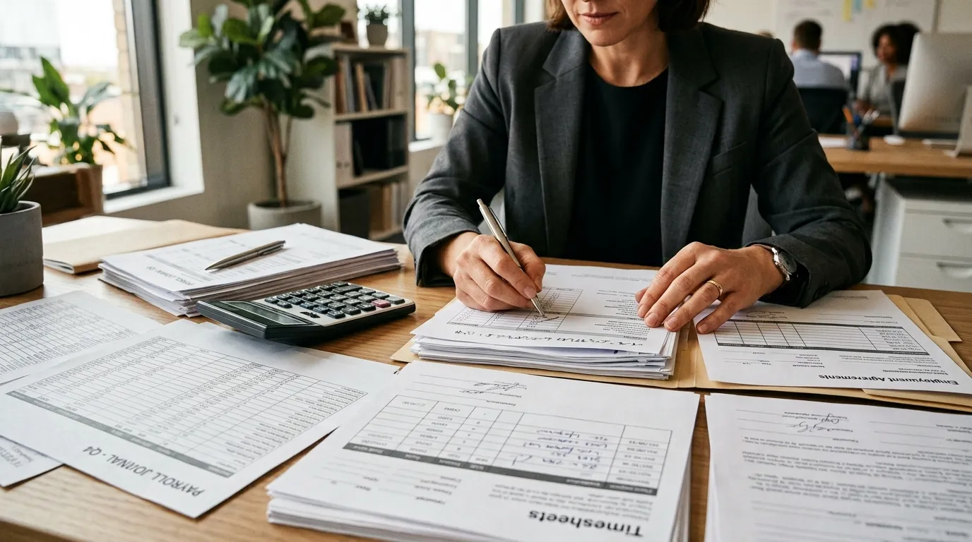 Wage claim documents and payroll records being reviewed